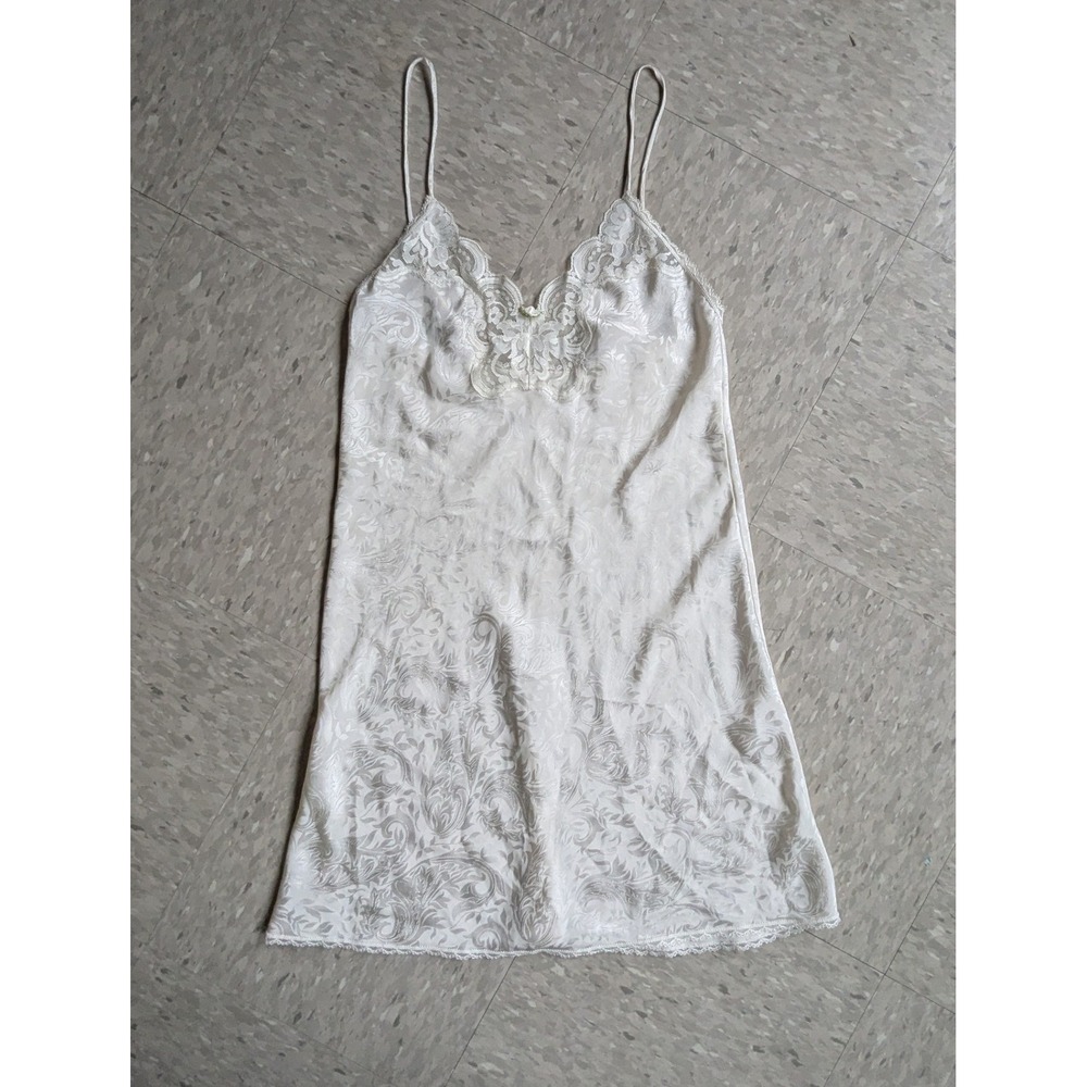 Vintage 80s Miss Diva Lace Trim Satin Chemise Nightgown Ivory White Floral Slip